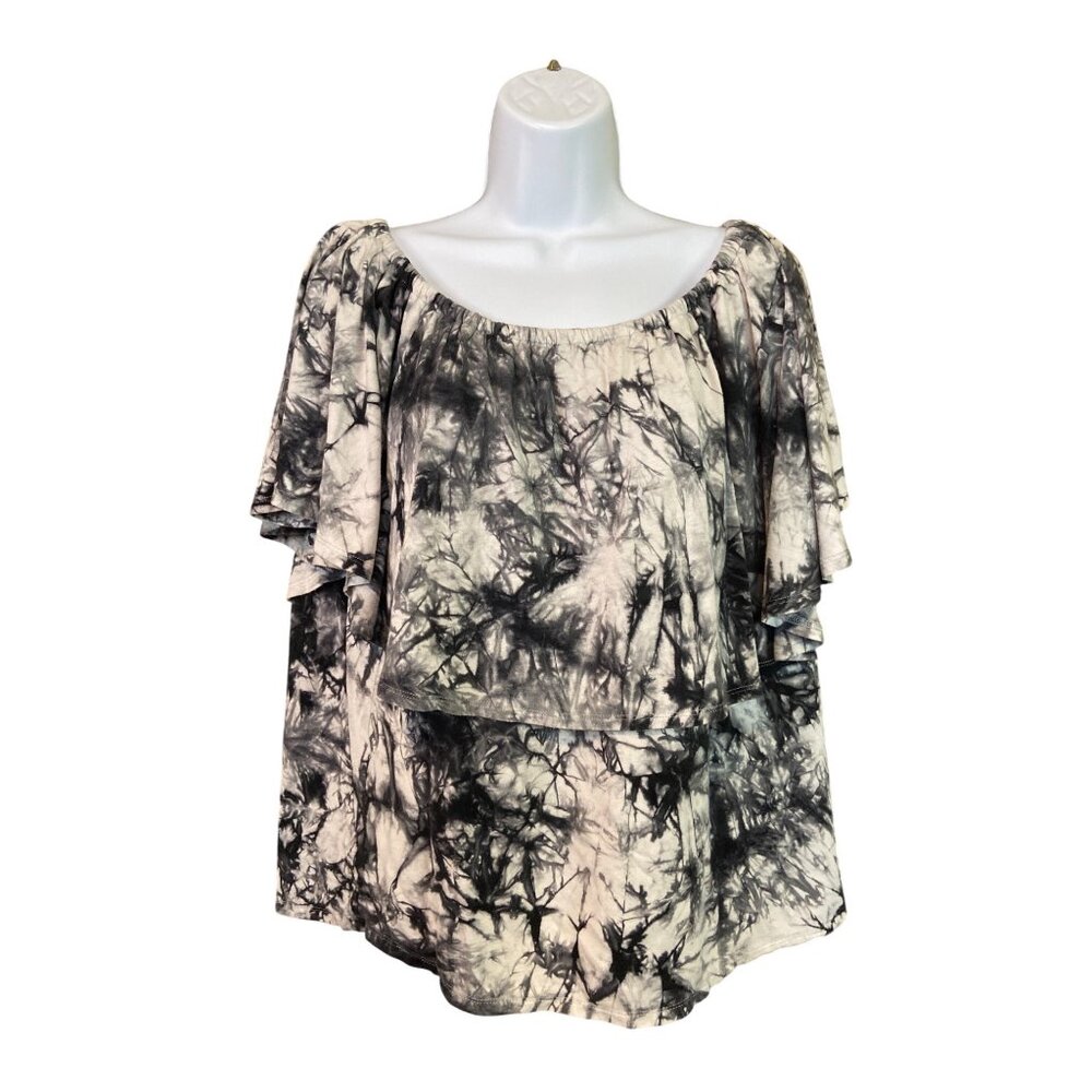 David Lerner Womens Off Shoulder Top 1X Tie Dye Black White Boho Retro Hippie